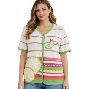 Vtg Womens Neon Striped Fruit Summer Lemon Short Sleeve Cardigan Sweater